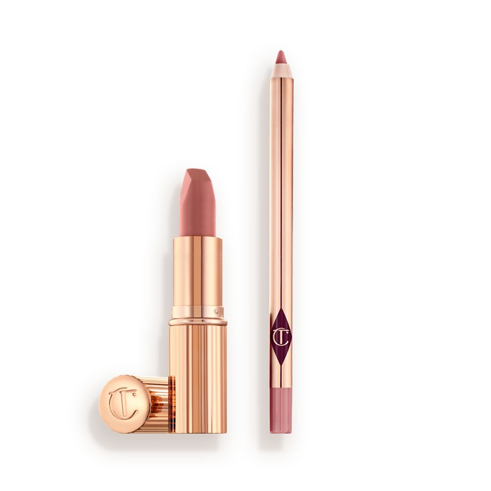 An open nude pink lipstick in a gold-coloured tube and lip liner pencil in a nude pink shade.