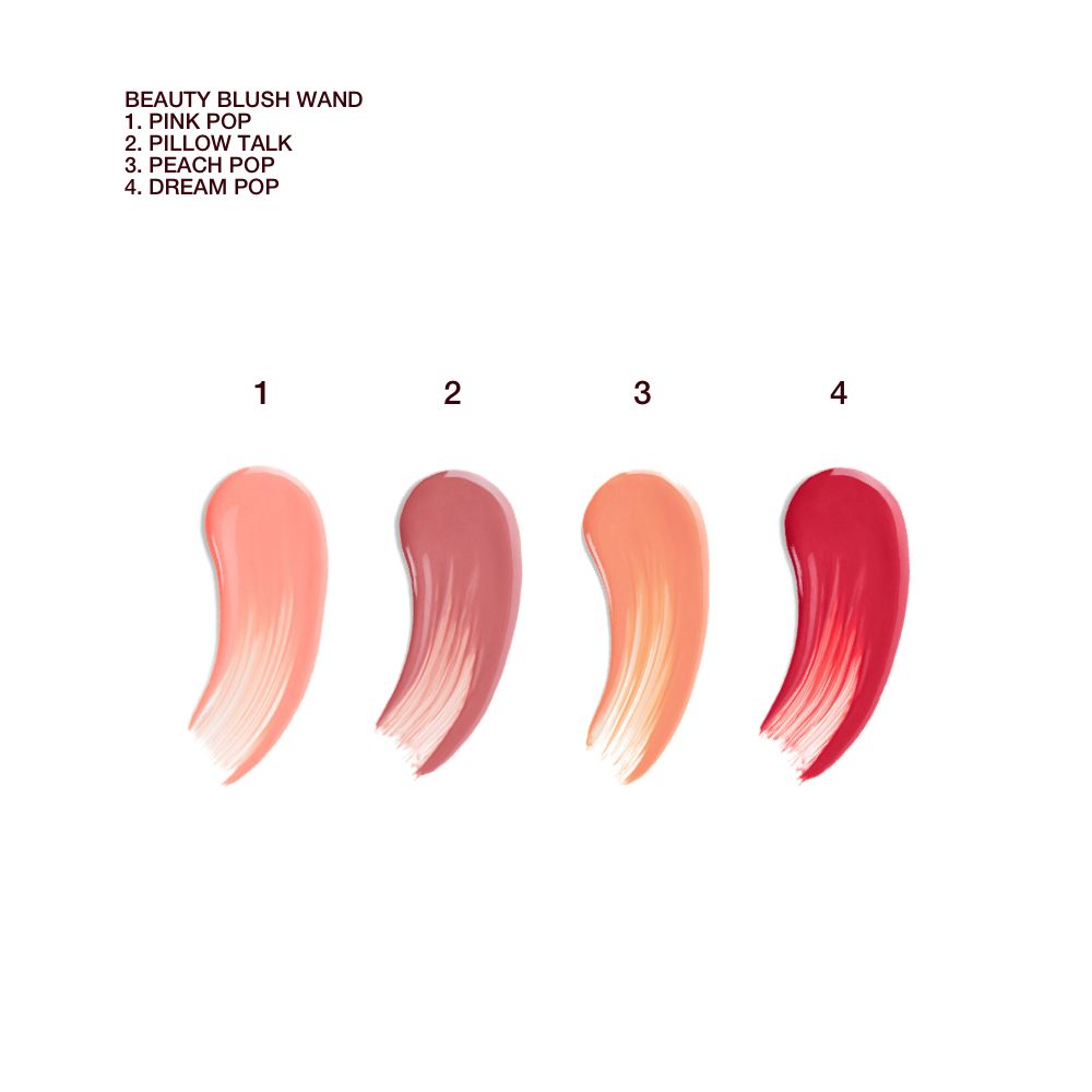 a texture swatch of four liquid blushes in a bright pink, rose pink, peach pink and red pink shades
