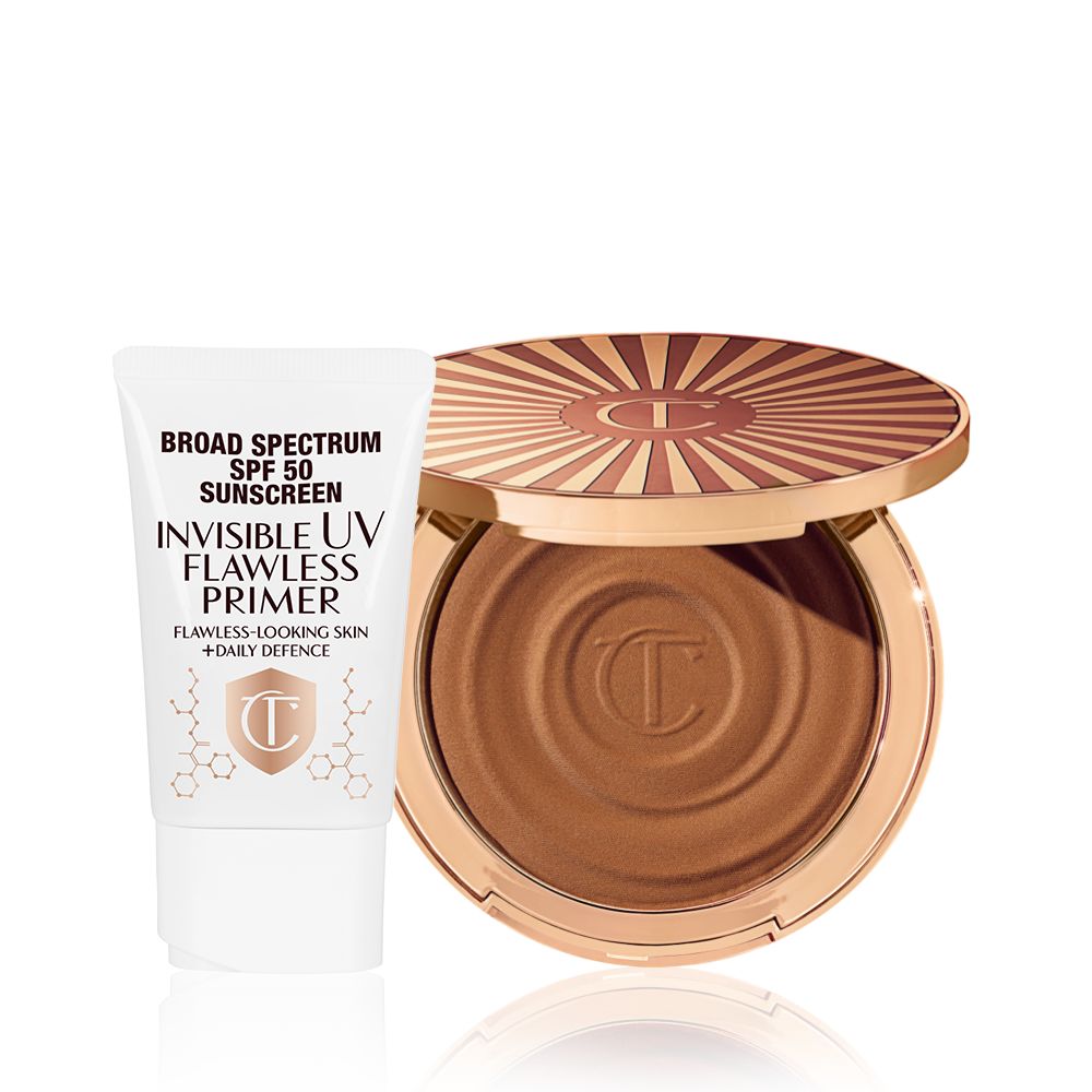 An SPF-infused glowy primer in a white-coloured tube with a white-coloured wand and an open cream bronzer compact in gold packaging.