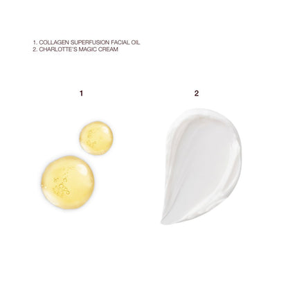 Swatches of light gold-coloured facial oil and pearly-white face cream.