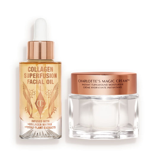 A light-gold-coloured facial oil in a glass bottle with a gold and white-coloured dropper lid with a white and gold-coloured dropper lid and pearly-white face cream in a glass jar with a gold-coloured lid.
