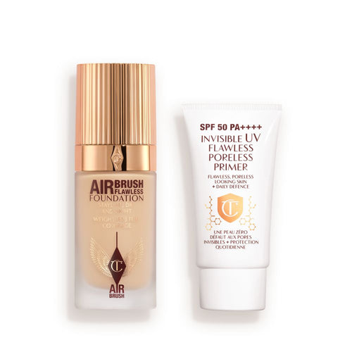 A primer with SPF in a white coloured-tube with foundation in a frosted glass bottle with a gold-colorued lid.