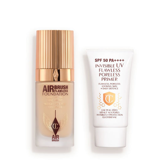 A primer with SPF in a white coloured-tube with foundation in a frosted glass bottle with a gold-colorued lid.