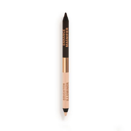 An open, double-ended eyeliner pencil in black and nude beige shades.