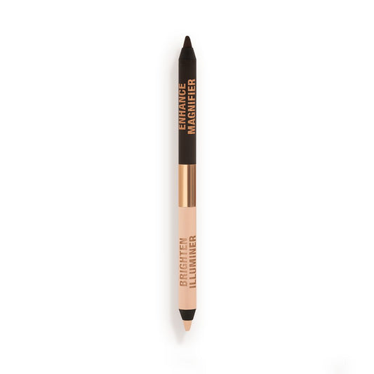 An open, double-ended eyeliner pencil in black and nude beige shades.