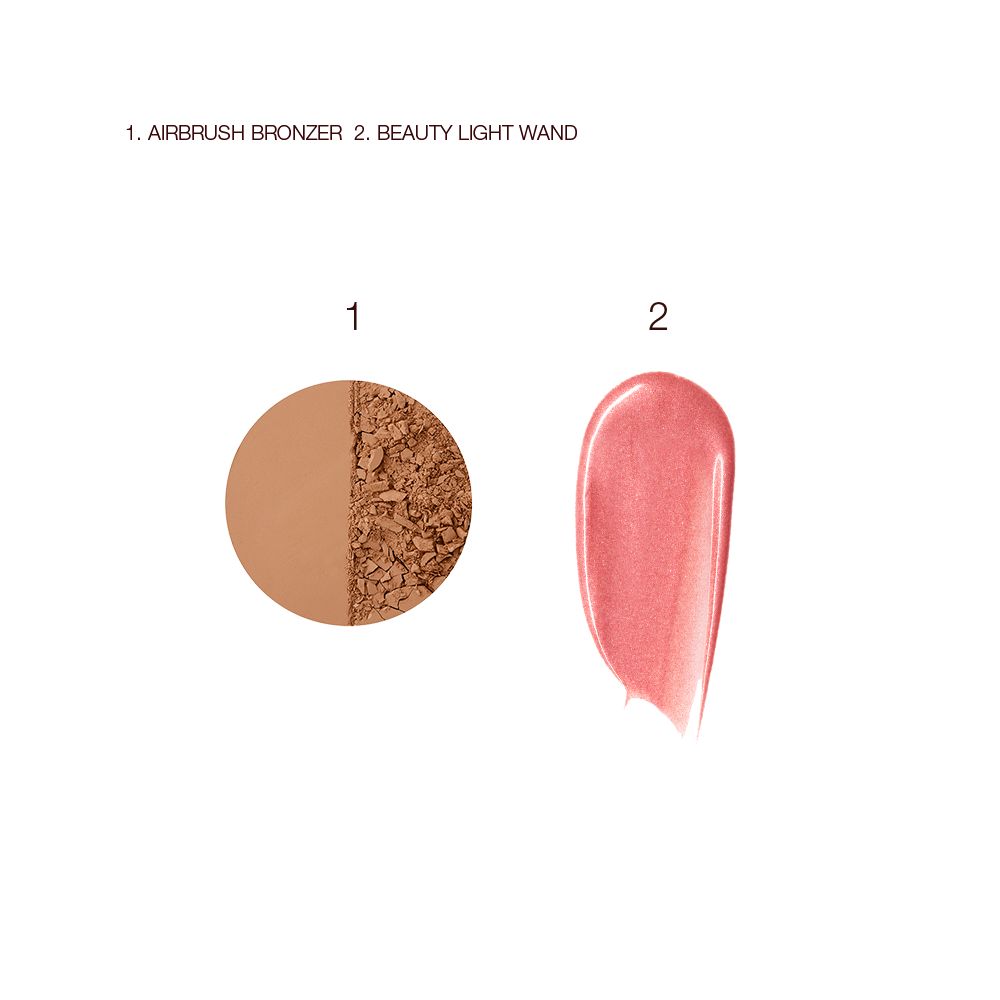 Swatches of a medium-brown powder bronzer and liquid highlighter blush in a rose-pink shade.