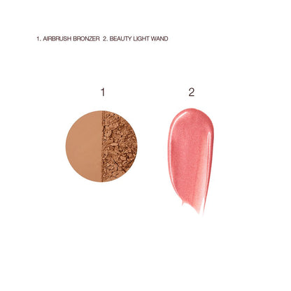 Swatches of a medium-brown powder bronzer and liquid highlighter blush in a rose-pink shade.