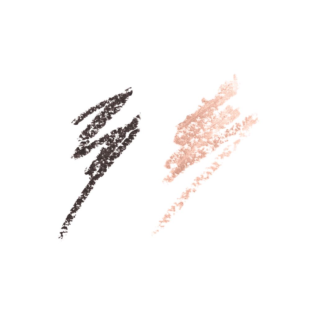 Swatches of a double-ended eyeliner pencil in black and nude beige shades.