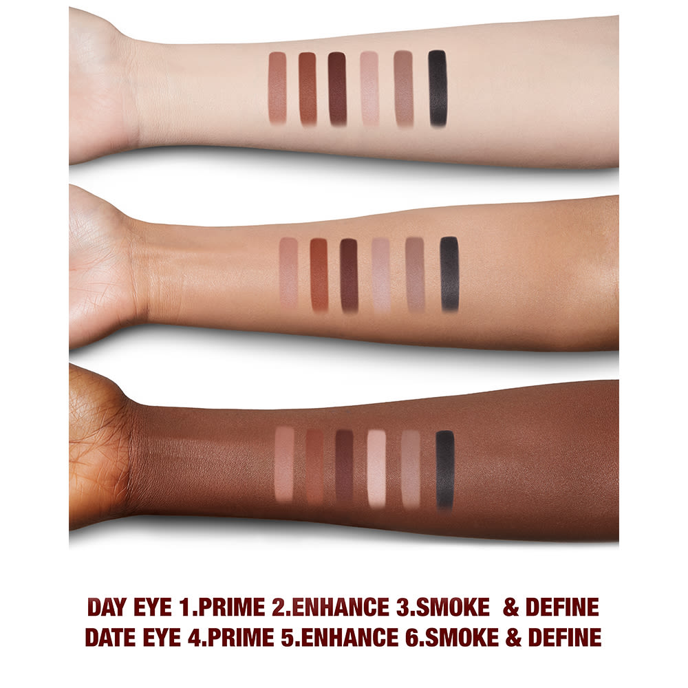 Fair, tan, and deep-tone arms with swatches of six nude matte eyeshadows in shades of brown, pink, and black.