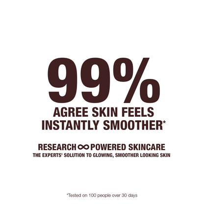White-coloured banner with text that reads, '99% agree skin felt instantly smoother. Research-powered skincare. The experts' solution to glowing, smoother looking skin.