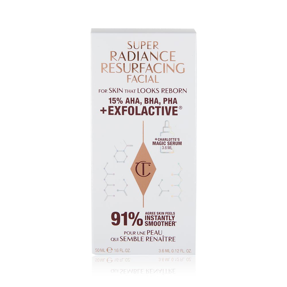 A white-coloured skincare packaging box with text that reads, 'super radiance resurfacing facial. For skin that looks reborn. 15% AHA, BHA, PHA + Exfoliative. 91% agree that skin looks instantly smoother'