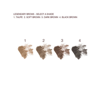 Swatches of four eyebrow gels in shades of taupe, soft brown, dark brown, and black brown.