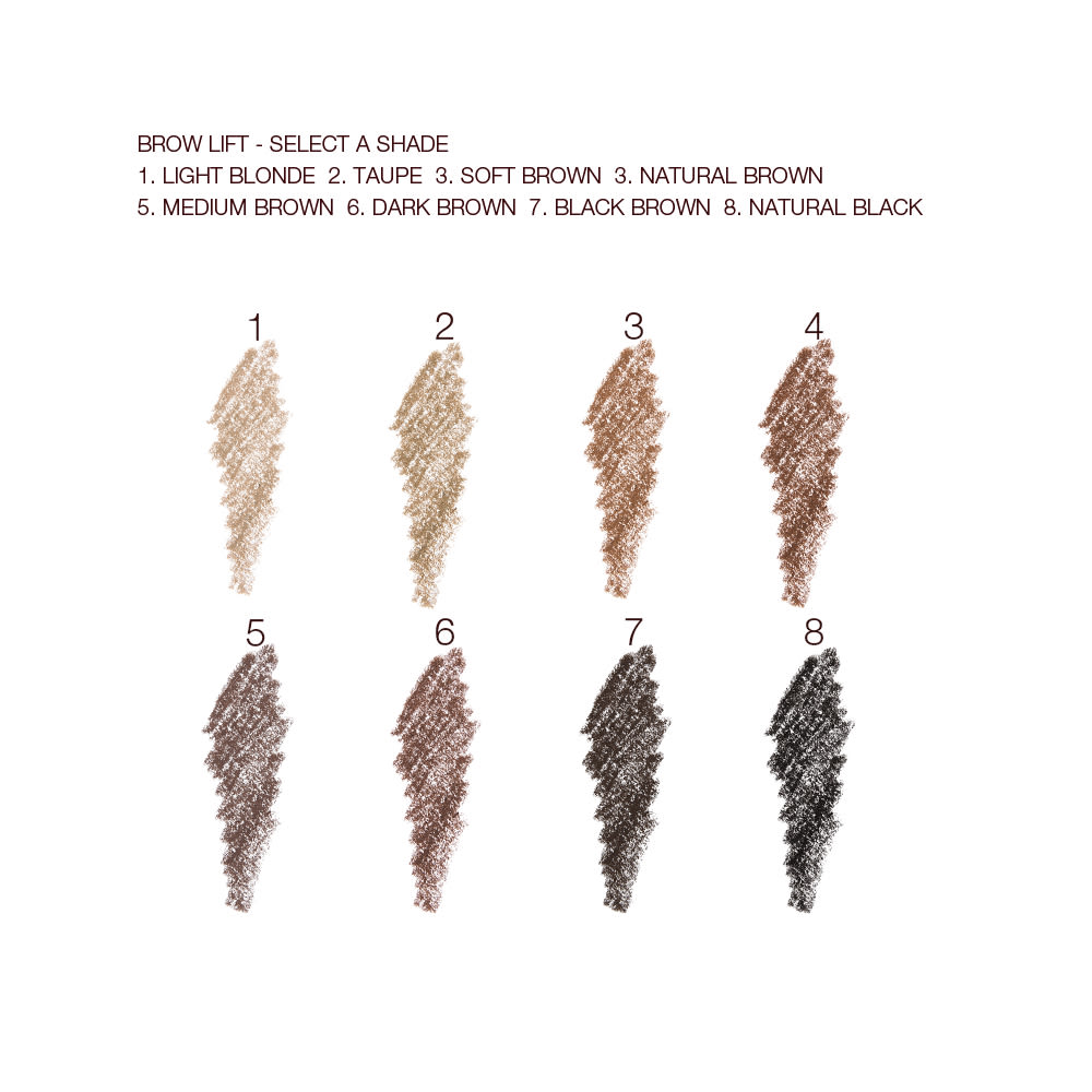 Swatches of eight eyebrow pencils in shades of light blonde, taupe, soft brown, natural brown, medium brown, dark brown, black brown, dark brown, and jet black.