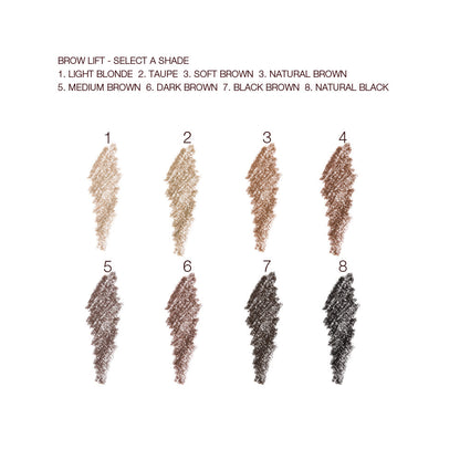 Swatches of eight eyebrow pencils in shades of light blonde, taupe, soft brown, natural brown, medium brown, dark brown, black brown, dark brown, and jet black.