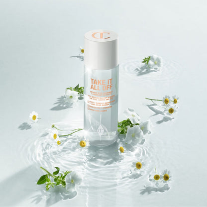 Makeup remover in a clear bottle with text that reads, 'Take it all off' with a white-coloured lid.