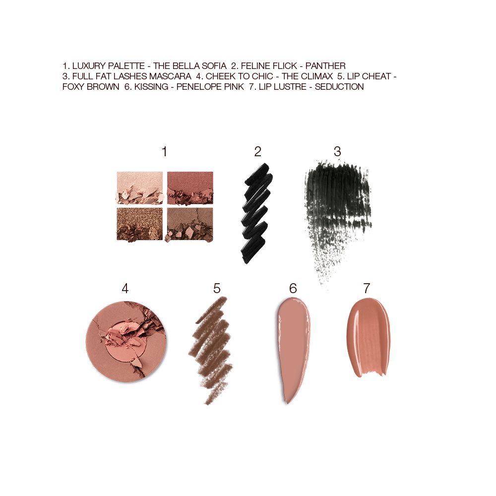 Swatches of a quad eyeshadow palette in matte and shimmery nude brown shades, black eyeliner and black mascara, two-tone blush in brown and warm pink, lip liner in taupe-brown, lipstick in nude peach, and lip gloss in brown-peach.