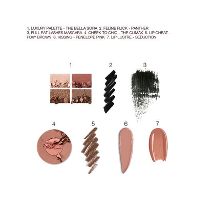 Swatches of a quad eyeshadow palette in matte and shimmery nude brown shades, black eyeliner and black mascara, two-tone blush in brown and warm pink, lip liner in taupe-brown, lipstick in nude peach, and lip gloss in brown-peach.