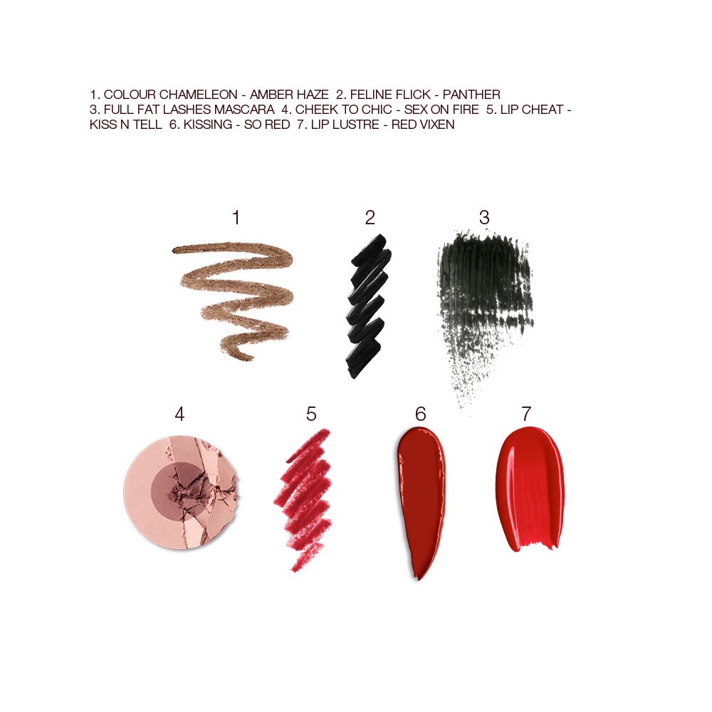 Swatches of eyeshadow in bronze, black eyeliner, black mascara, two-tone blush in mauve and pink-brown, lip liner in bright red, lipstick in maroon, and lip gloss in bright red.