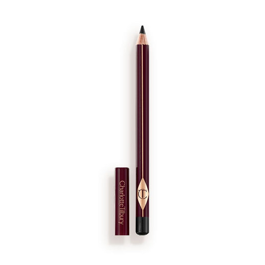 An open, black eyeliner pencil with the CT logo printed on it with its lid next to it.