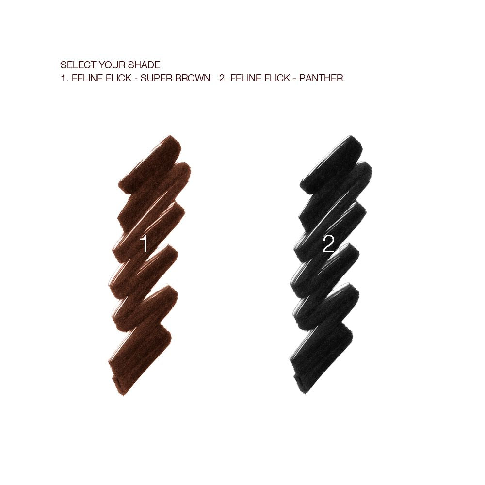 Swatch of a dark brown, liquid eyeliner and black-coloured mascara.