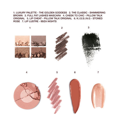Swatches of a quad eyeshadow palette in shades of brown and gold, brown eyeliner, black mascara, two-tone blush in light brown and warm pink, lip liner in nude pink, lipstick in redwood, and lip gloss in sheer golden pink.