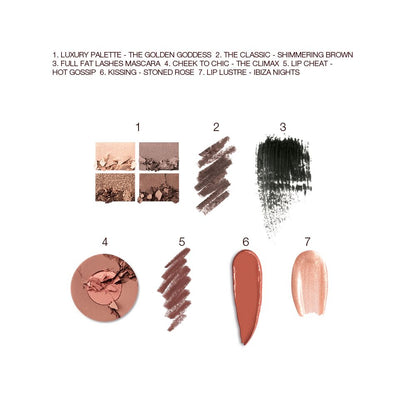 Swatches of a quad eyeshadow palette in shades of brown and gold, brown eyeliner, black mascara, two-tone blush in light brown and warm pink, lip liner in taupe-brown, lipstick in redwood, and lip gloss in sheer golden pink.