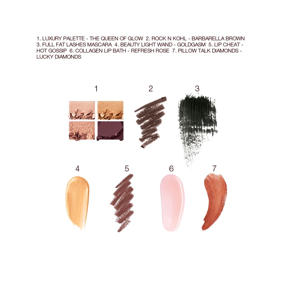 Swatches of a quad eyeshadow palette in shades of brown, pink, and gold, brown eyeliner, black mascara, liquid highlighter in honey-gold, lip liner in taupe-brown, lipstick lip balm in sheer pink, and lip gloss in terracotta.