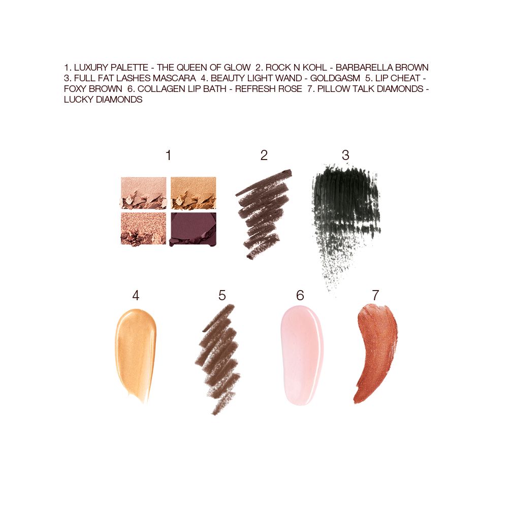 Swatches of a quad eyeshadow palette in shades of brown, pink, and gold, brown eyeliner, black mascara, liquid highlighter in honey-gold, lip liner in taupe-brown, lipstick lip balm in sheer pink, and lip gloss in terracotta.