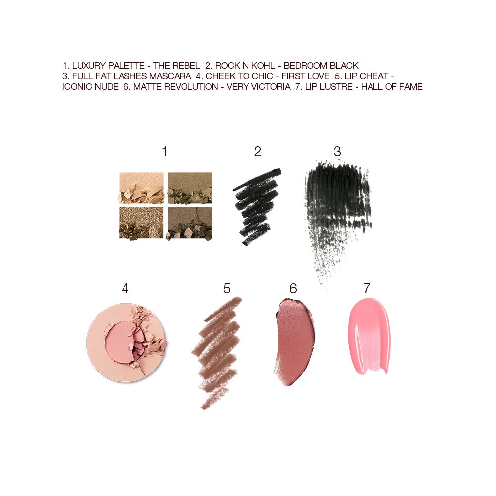 Swatches of a quad eyeshadow palette in shades of green and gold, black eyeliner, black mascara, two-tone blush in champagne and nude pink, lip liner pencil in chocolate brown, lipstick in berry-pink, an dlip gloss in bright pink.