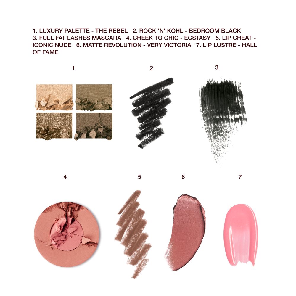 Swatches of a quad eyeshadow palette in shades of green and gold, black eyeliner, black mascara, two-tone blush in champagne and nude pink, lip liner pencil in chocolate brown, lipstick in berry-pink, an dlip gloss in bright pink.