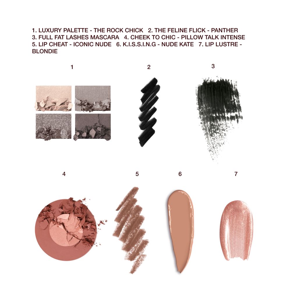 Swatches of a quad eyeshadow palette in shades of grey and gold, black eyeliner, black mascara, two-tone blush in champagne and light pink, lip liner in nude brown, lipstick in a light caramel shade, and lip gloss in sheer pink.