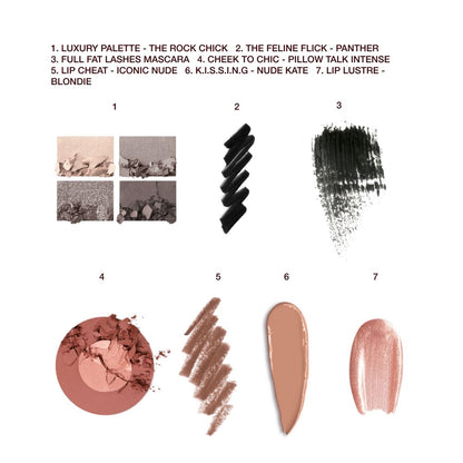 Swatches of a quad eyeshadow palette in shades of grey and gold, black eyeliner, black mascara, two-tone blush in champagne and light pink, lip liner in nude brown, lipstick in a light caramel shade, and lip gloss in sheer pink.