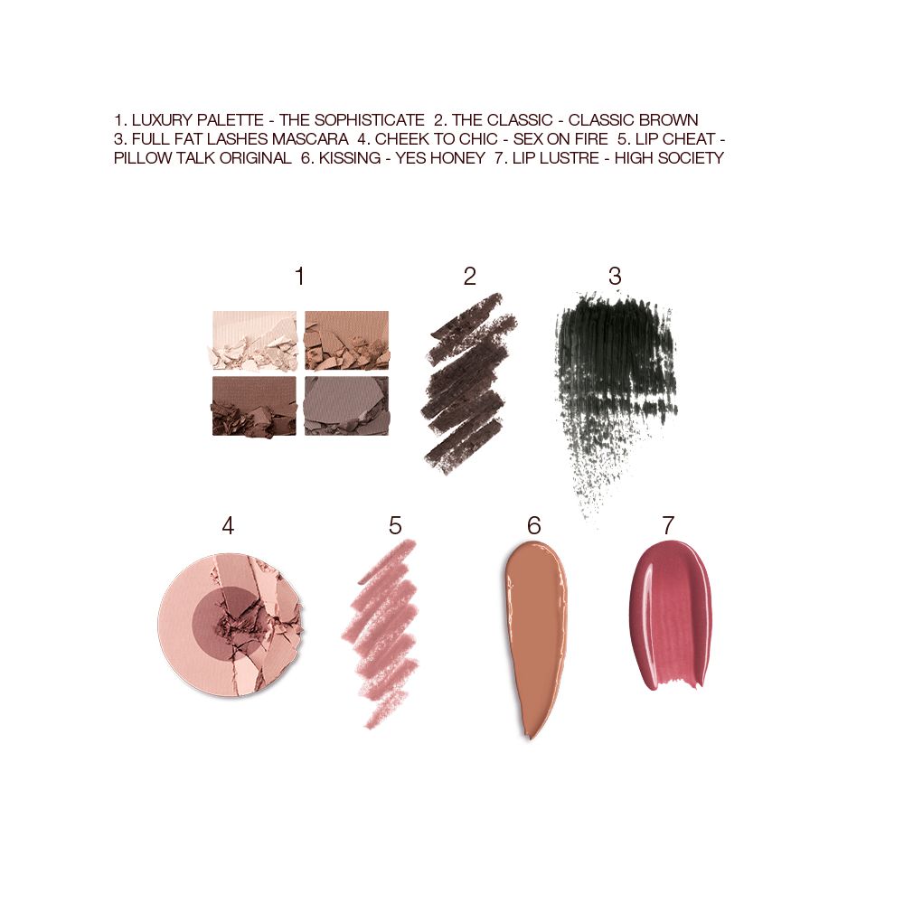 Swatches of a quad eyeshadow palette in shades of brown, grey, and gold, brown eyeliner, black mascara, two-tone blush in medium brown and dusty pink, lip liner in nude pink, lipstick in medium-brown, and lip gloss in berry-pink.