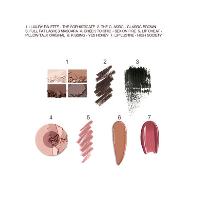 Swatches of a quad eyeshadow palette in shades of brown, grey, and gold, brown eyeliner, black mascara, two-tone blush in medium brown and dusty pink, lip liner in nude pink, lipstick in medium-brown, and lip gloss in berry-pink.