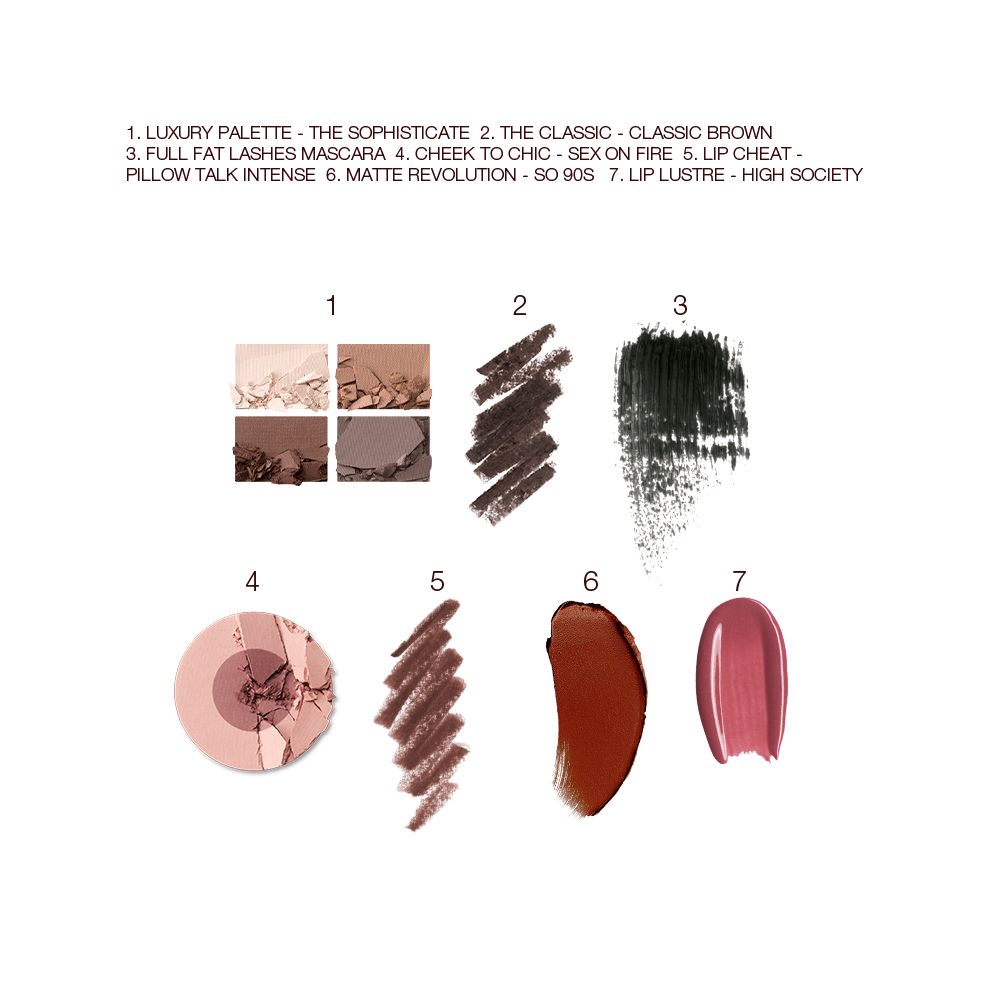 Swatches of a quad eyeshadow palette in shades of brown and gold, brown eyeliner, black mascara, two-tone blush in medium brown and dusty pink, lip liner in taupe-brown, lipstick in maroon, and lip gloss in berry-pink.
