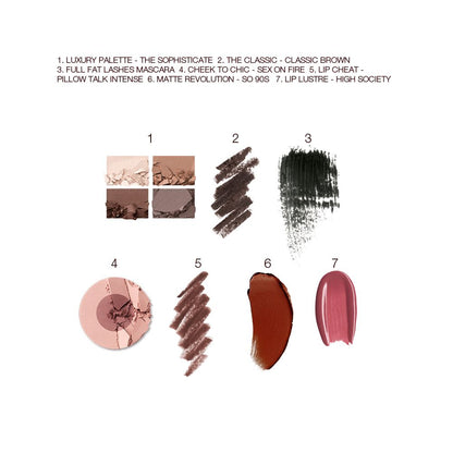 Swatches of a quad eyeshadow palette in shades of brown and gold, brown eyeliner, black mascara, two-tone blush in medium brown and dusty pink, lip liner in taupe-brown, lipstick in maroon, and lip gloss in berry-pink.