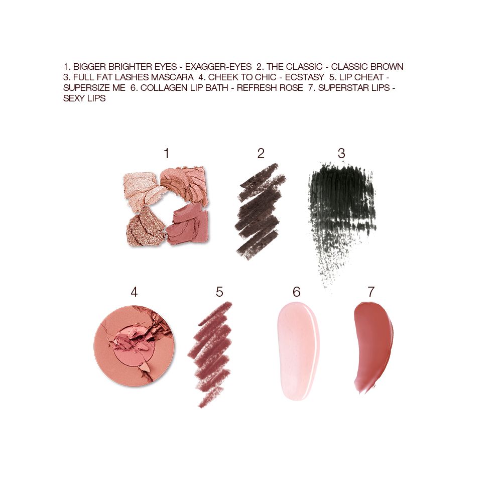 Swatches of a quad eyeshadow palette in shades of pink, brown, and gold, black eyeliner, black mascara, two-tone blush in warm pink and light brown, lip liner in redwood, lipstick lip balm in sheer pink, and lip gloss in terracotta