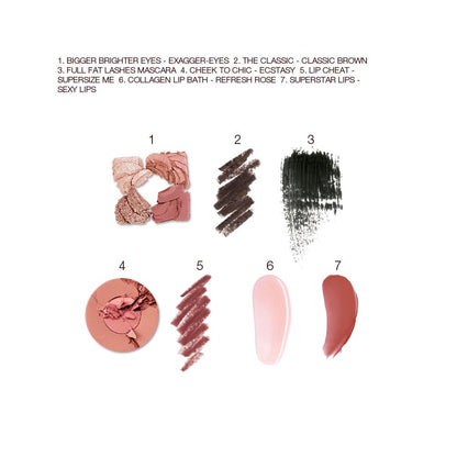 Swatches of a quad eyeshadow palette in shades of pink, brown, and gold, black eyeliner, black mascara, two-tone blush in warm pink and light brown, lip liner in redwood, lipstick lip balm in sheer pink, and lip gloss in terracotta