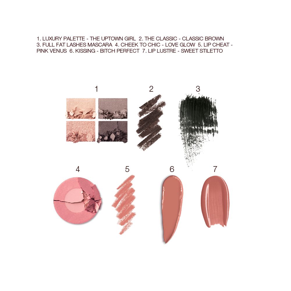 Swatches of a quad eyeshadow palette in shades of silver, grey, and gold, black eyeliner, black mascara, two-tone blush in medium pink and dusty pink, lip liner in nude pink, lipstick in medium brown, and lip gloss in nude pink.