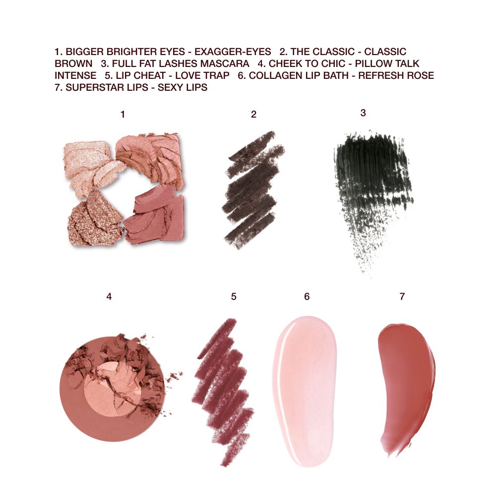 Swatches of a quad eyeshadow palette in shades of pink, brown, and gold, brown eyeliner, black mascara, two-tone blush in warm pink and medium brown, lip liner in redwood, lipstick lip balm in sheer pink, and lip gloss in terracotta