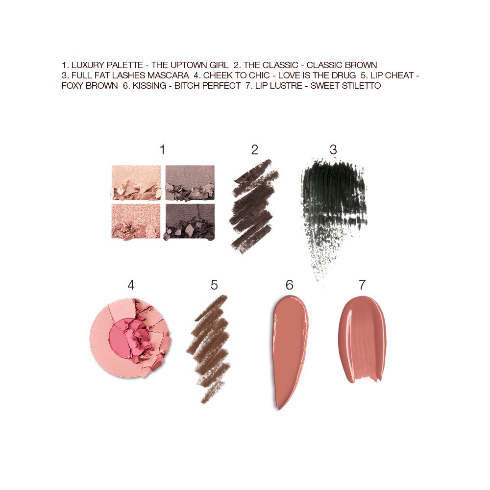 Swatches of a quad eyeshadow palette in shades of silver, grey, and gold, black eyeliner, black mascara, two-tone blush in bright pink and rose gold, lip liner in taupe-brown, lipstick in medium brown, and lip gloss in nude pink.