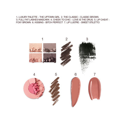 Swatches of a quad eyeshadow palette in shades of silver, grey, and gold, black eyeliner, black mascara, two-tone blush in bright pink and rose gold, lip liner in taupe-brown, lipstick in medium brown, and lip gloss in nude pink.