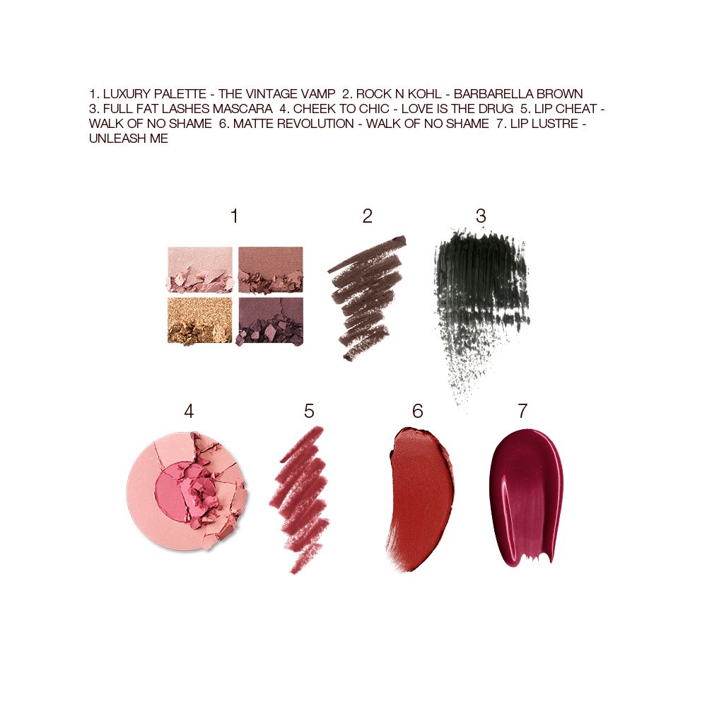 Swatches of a quad eyeshadow palette in shades of brown and gold, brown eyeliner, black mascara, two-tone blush in bright pink and rose gold, lip liner in nude red, lipstick in reddish brown, and lip gloss in magenta.