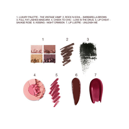 Swatches of a quad eyeshadow palette in shades of brown and gold, brown eyeliner, black mascara, two-tone blush in bright pink and rose gold, lip liner in berry-rose, lipstick in dark brown, and lip gloss in magenta.