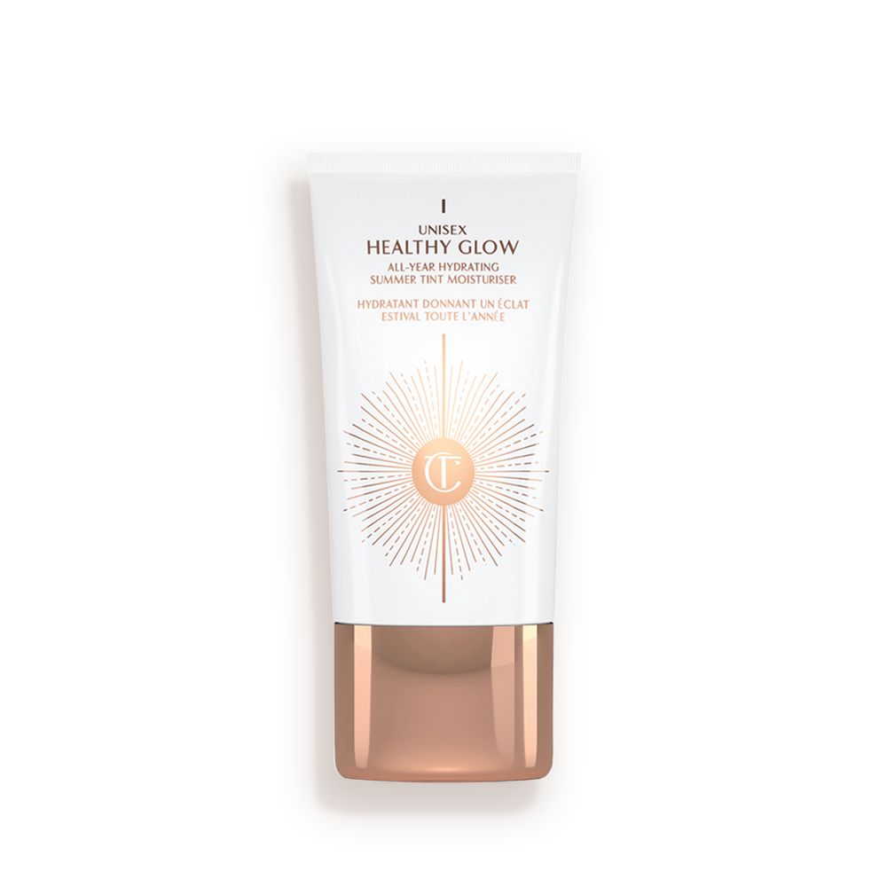 White rectangle bottle with a rose gold lid.