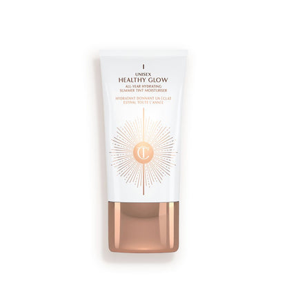 White rectangle bottle with a rose gold lid.