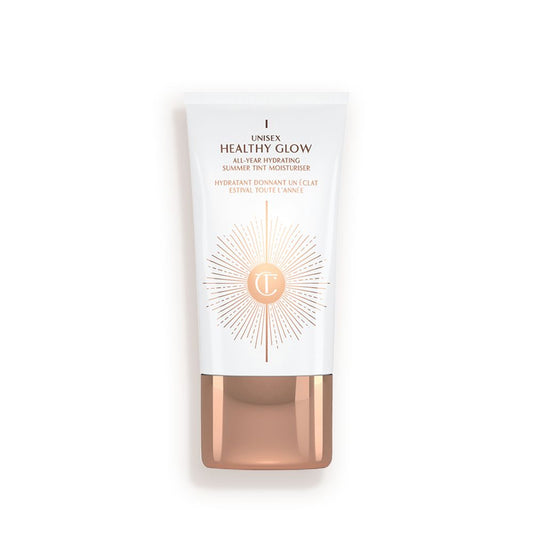 White rectangle bottle with a rose gold lid.