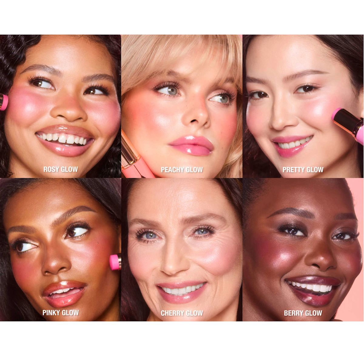 6 different skin-toned models wearing 6 different blush shades.