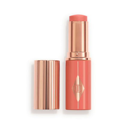 Peach packaging matching to the stick product with a rose gold lid and detailing.