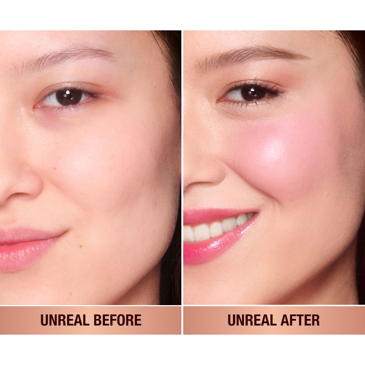 Before and after of fair model with and without wearing the blush.